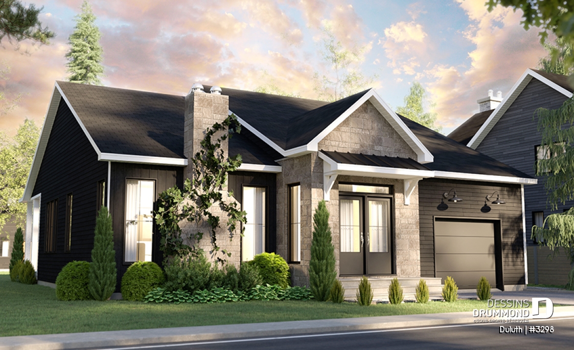 Vue avant - MODÈLE DE BASE - Plan maison farmhouse plain-pied, 2 chambres, 2 s.bain, salle lavage au rec, garde-manger, suite parentale - Duluth