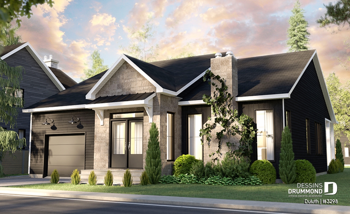 Vue avant - MODÈLE DE BASE - Plan maison farmhouse plain-pied, 2 chambres, 2 s.bain, salle lavage au rec, garde-manger, suite parentale - Duluth