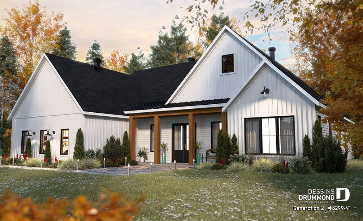 Vue avant - MODÈLE DE BASE - Plan de maison intergénérationnelle proposant 3 chambres et 2 s.de bain au logement principal - Génération 2