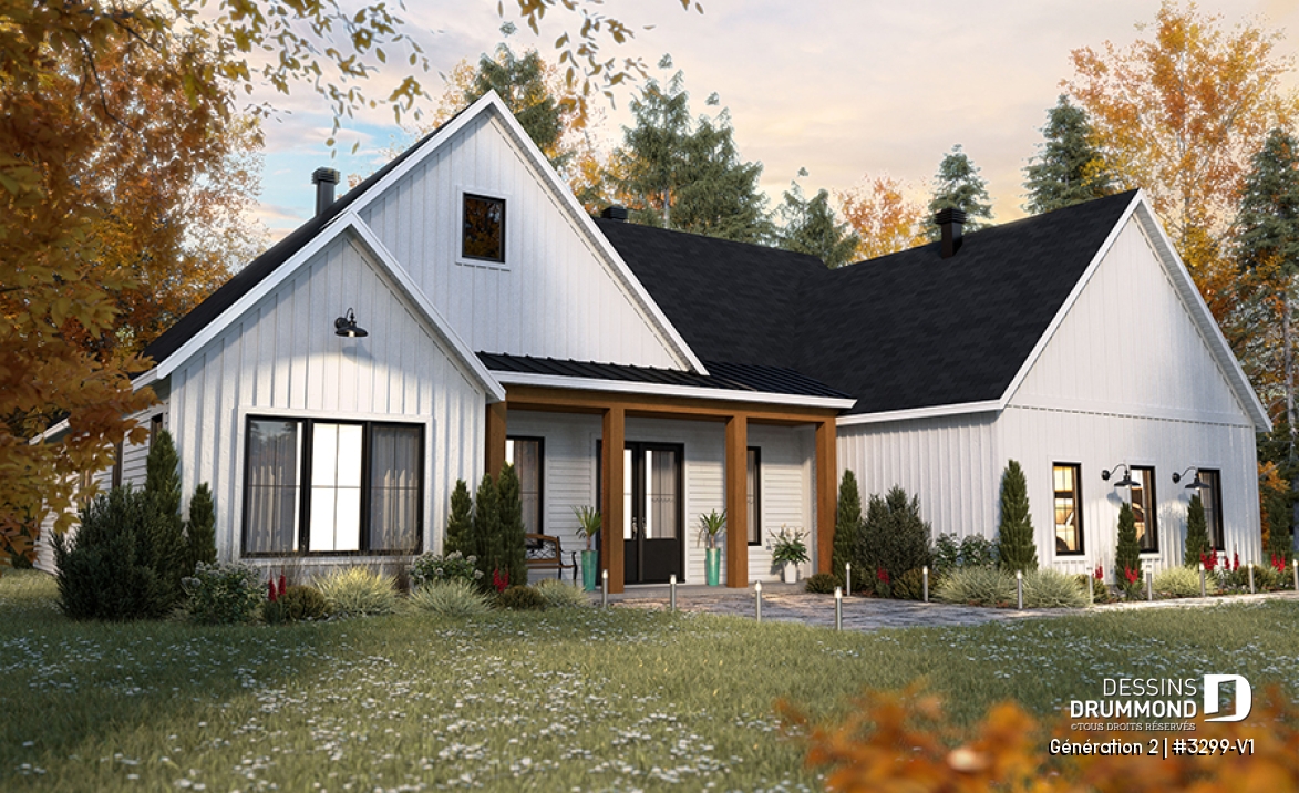 Vue avant - MODÈLE DE BASE - Plan de maison intergénérationnelle proposant 3 chambres et 2 s.de bain au logement principal - Génération 2