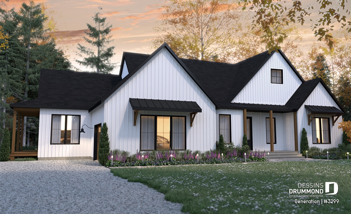 Vue avant - MODÈLE DE BASE - Plan de maison bi-génération de style Farmhouse Moderne, avec garage, superbe terrasse abritée - Génération