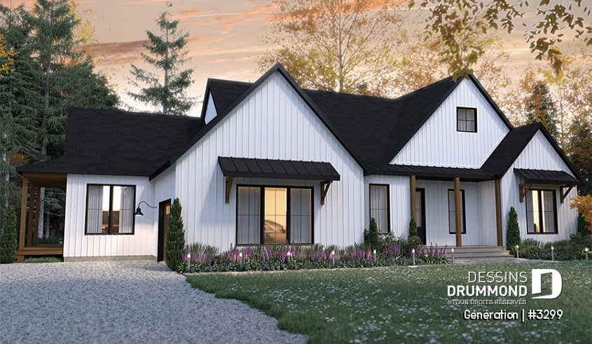 Vue avant - MODÈLE DE BASE - Plan de maison bi-génération de style Farmhouse Moderne, avec garage, superbe terrasse abritée - Génération