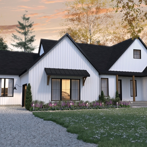 Vue avant - MODÈLE DE BASE - Plan de maison bi-génération de style Farmhouse Moderne, avec garage, superbe terrasse abritée - Génération