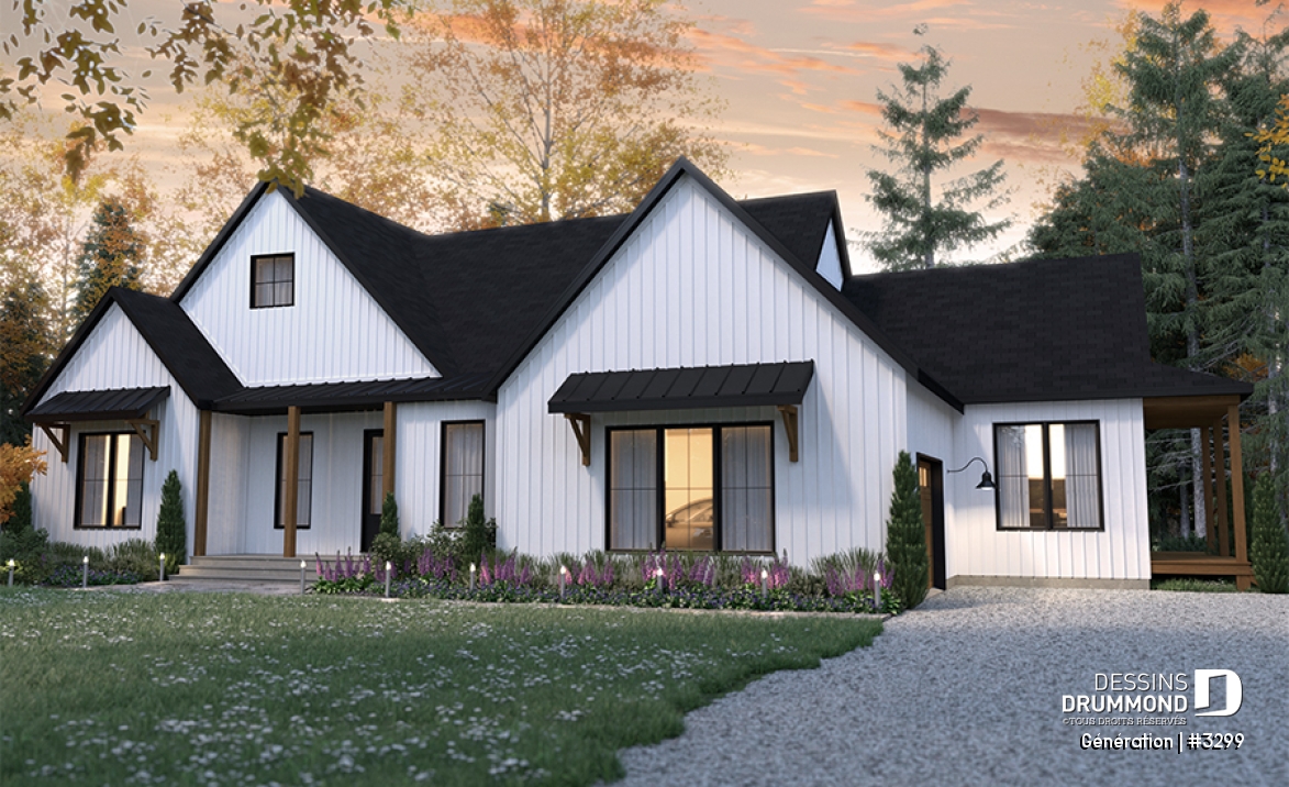 Vue avant - MODÈLE DE BASE - Plan de maison bi-génération de style Farmhouse Moderne, avec garage, superbe terrasse abritée - Génération