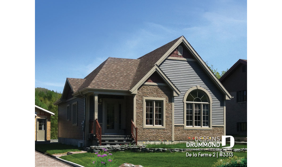 Vue avant - MODÈLE DE BASE - Plan de bungalow style craftsman, 3 chambres au rez-de-chaussée, chambre des maîtres avec grand walk-in - De la Ferme 2