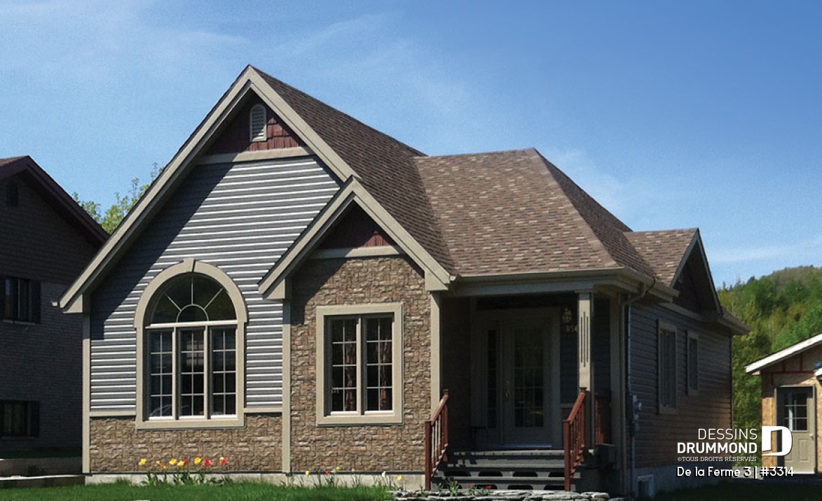 Vue avant - MODÈLE DE BASE - Plain-pied de 4 chambres au rez-de-chaussée, cuisine avec comptoir-lunch, espace ouvert, pour terrain étroit - De la Ferme 3