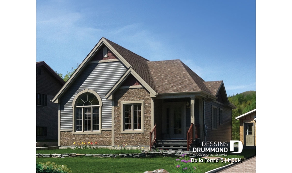 Vue avant - MODÈLE DE BASE - Plain-pied de 4 chambres au rez-de-chaussée, cuisine avec comptoir-lunch, espace ouvert, pour terrain étroit - De la Ferme 3