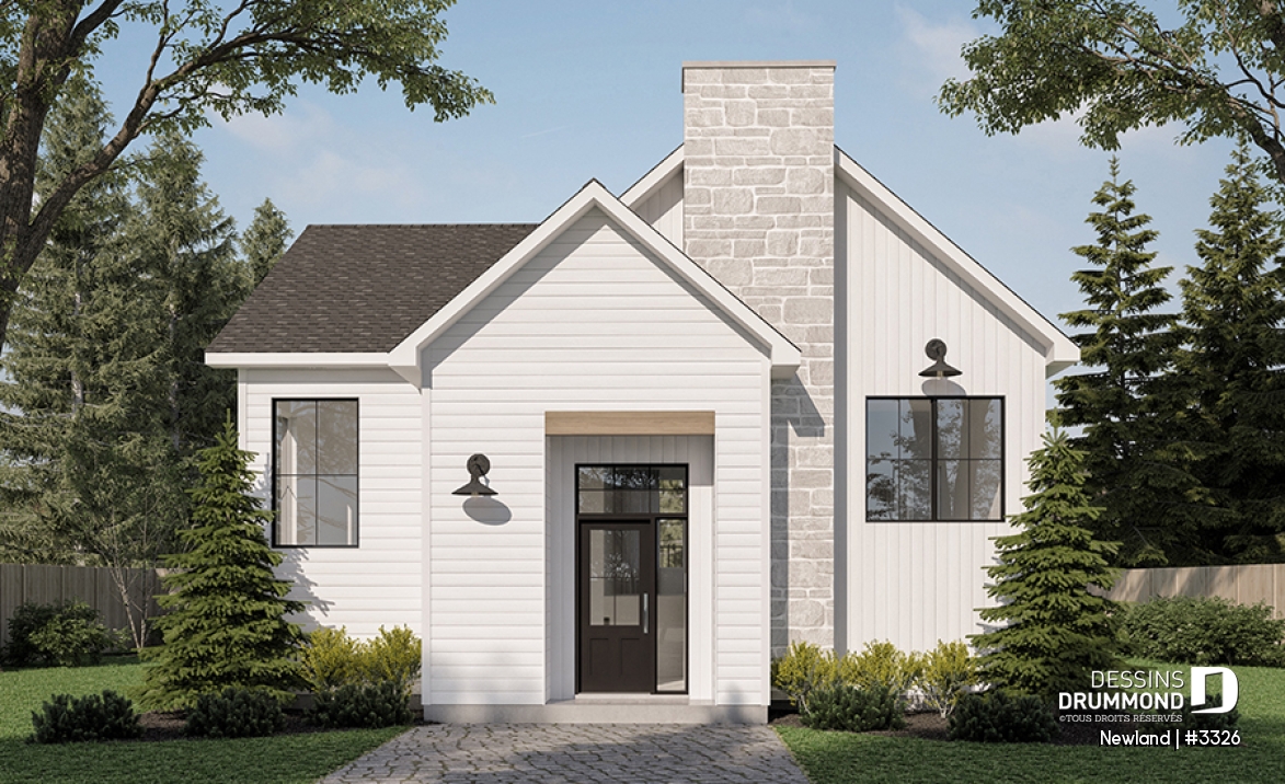 Vue avant - MODÈLE DE BASE - Plan de petite farmhouse moderne, chambre principale au rez-de-chaussée, sous-sol aménagé optionnel - Newland