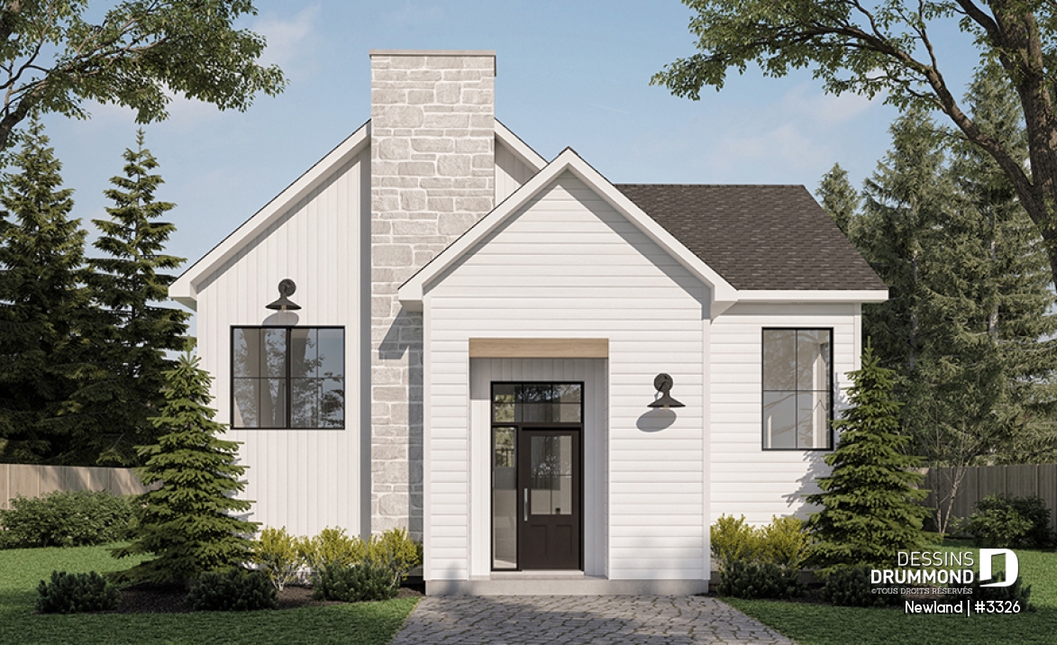 Vue avant - MODÈLE DE BASE - Plan de petite farmhouse moderne, chambre principale au rez-de-chaussée, sous-sol aménagé optionnel - Newland