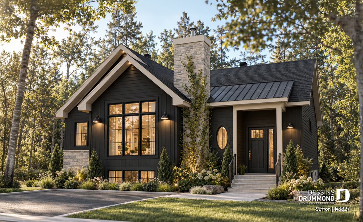 Vue avant - MODÈLE DE BASE - Plan de maison plain-pied à entrée split avec 1 à 3 chambres et suite des maîtres au rez-de-chaussée - Sutton