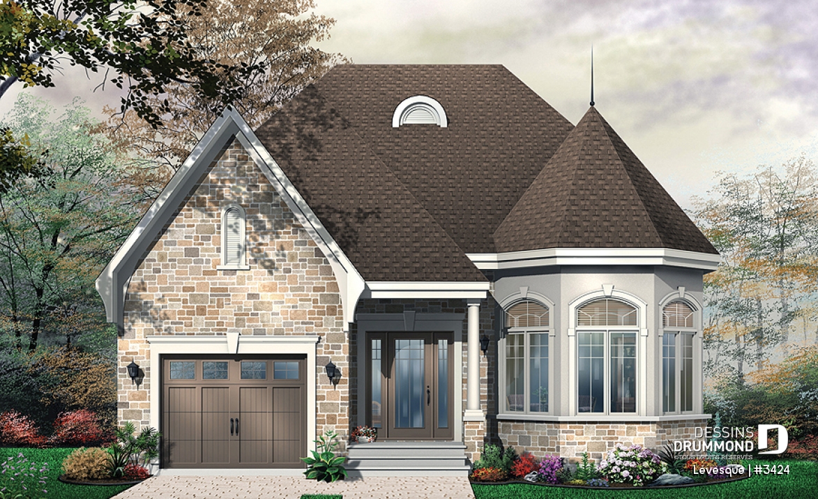 Vue avant - MODÈLE DE BASE - Plain-pied Européen avec ch. des maîtres au r-d-c et plafond 10' au salon - Lévesque