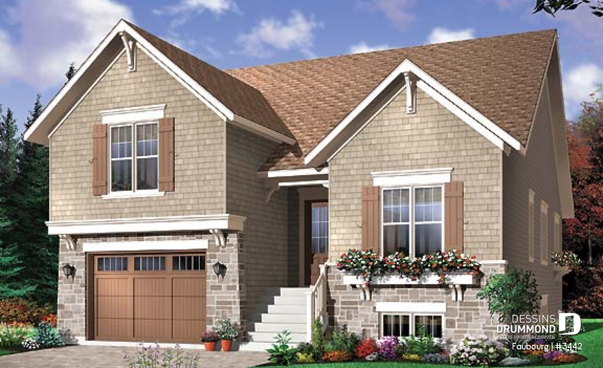 Vue avant - MODÈLE DE BASE - Plan de style craftsman avec 3 chambre, garage double et porte patio triple à l'arrière, foyer - Faubourg
