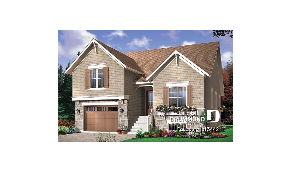 Vue avant - MODÈLE DE BASE - Plan de style craftsman avec 3 chambre, garage double et porte patio triple à l'arrière, foyer - Faubourg