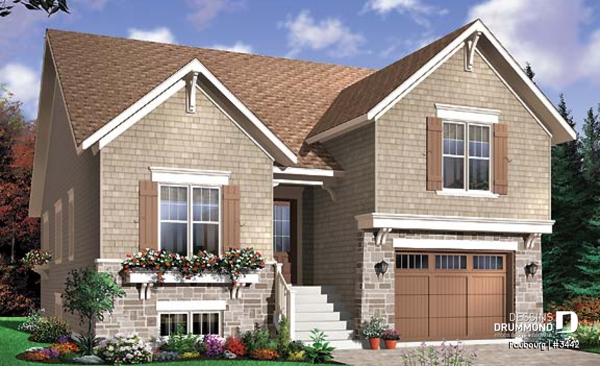 Vue avant - MODÈLE DE BASE - Plan de style craftsman avec 3 chambre, garage double et porte patio triple à l'arrière, foyer - Faubourg