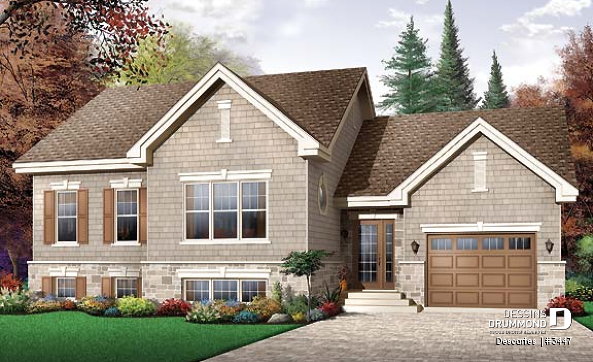 Vue avant - MODÈLE DE BASE - Plan de maison à pallier, 2 chambres, grande cuisine avec îlot et garage simple - Descartes 