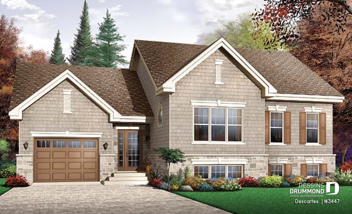 Vue avant - MODÈLE DE BASE - Plan de maison à pallier, 2 chambres, grande cuisine avec îlot et garage simple - Descartes 