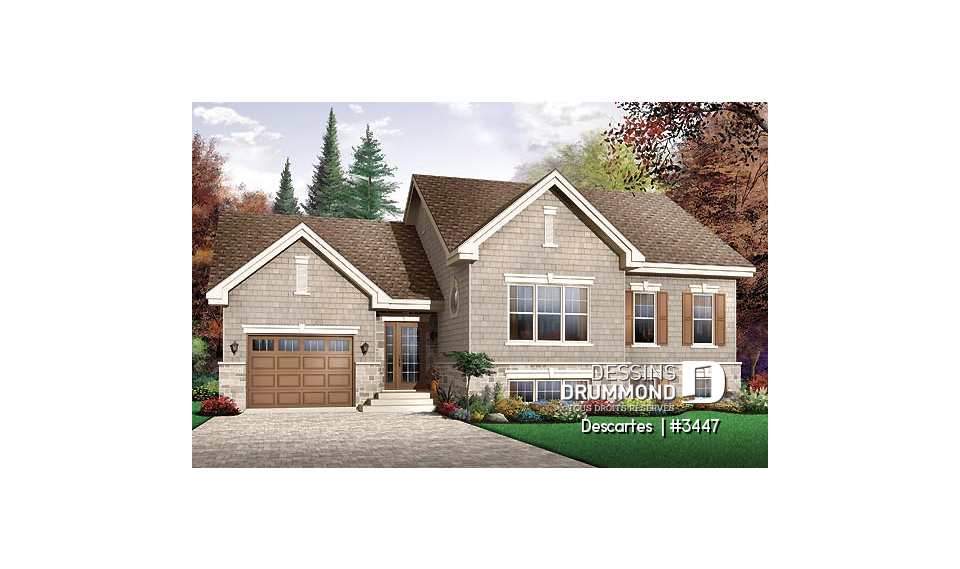 Vue avant - MODÈLE DE BASE - Plan de maison à pallier, 2 chambres, grande cuisine avec îlot et garage simple - Descartes 