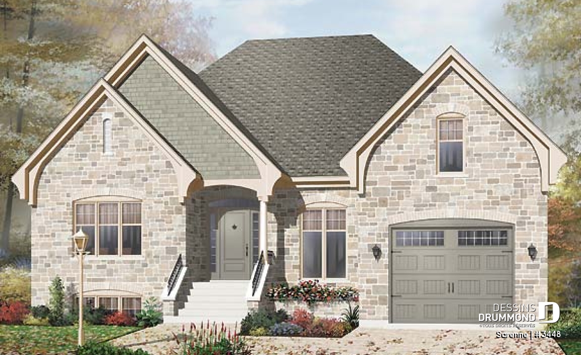 Vue avant - MODÈLE DE BASE - Plain-pied style craftsman, 2 chambres, garage avec espace boni - Sarenne