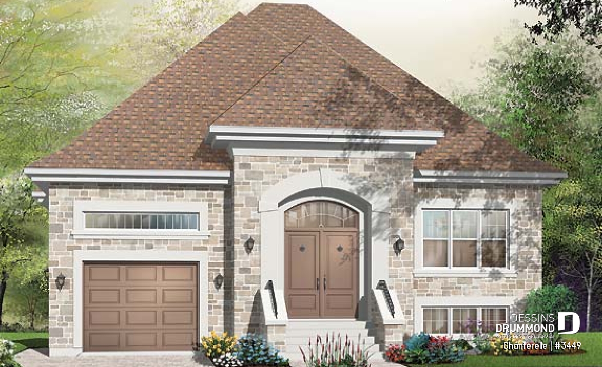 Vue avant - MODÈLE DE BASE - Bungalow Européen, 2 chambres, foyer central, garage, vestibule - Chanterelle