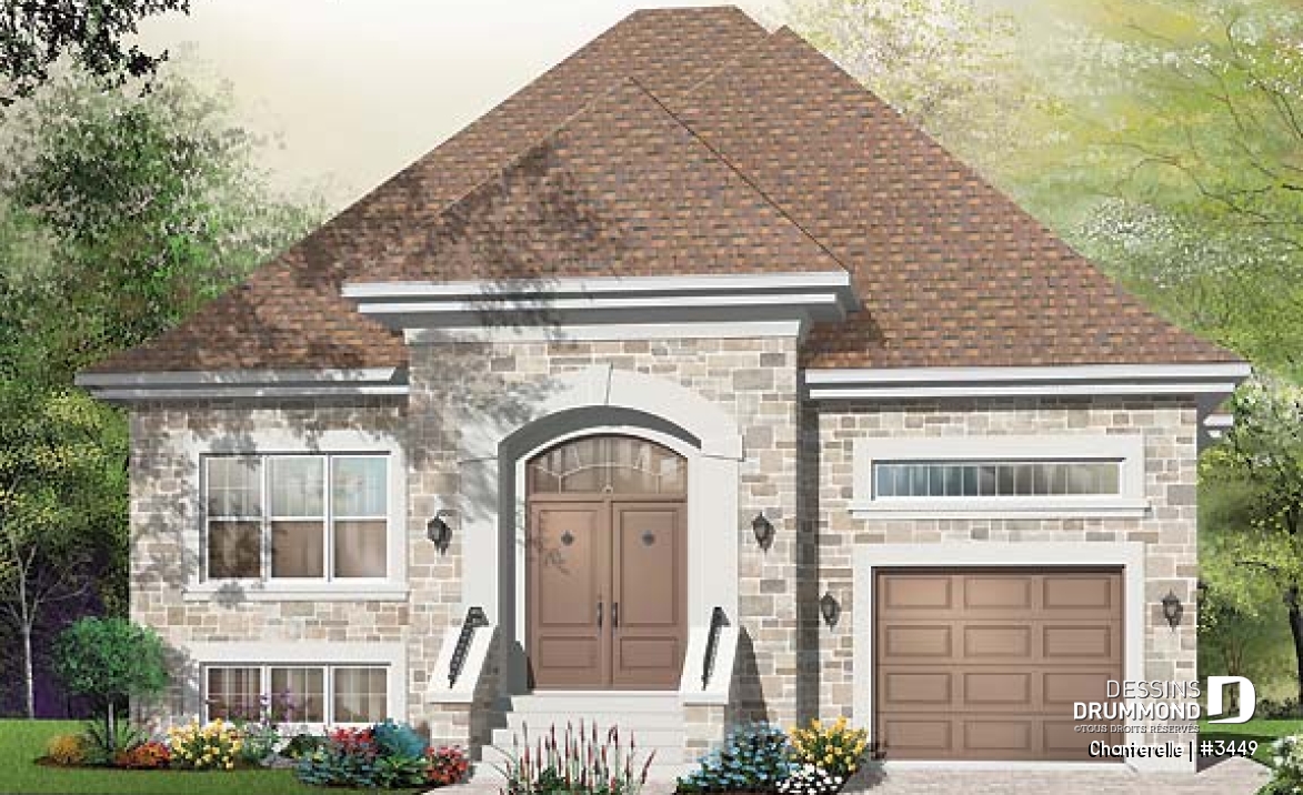 Vue avant - MODÈLE DE BASE - Bungalow Européen, 2 chambres, foyer central, garage, vestibule - Chanterelle