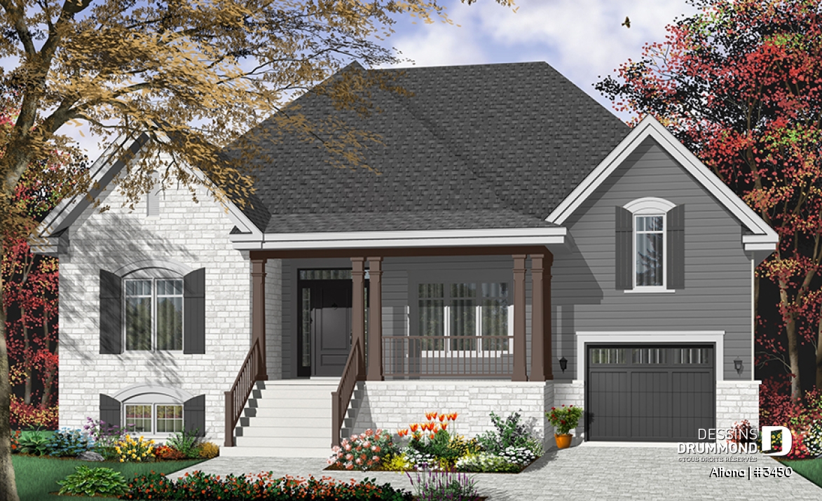 Version couleur no. 3 - Vue avant - Plan de Bungalow confortable, vestibule, foyer, cuisine ouverte sur salon, 2 chambres, garage avec espace boni - Altona