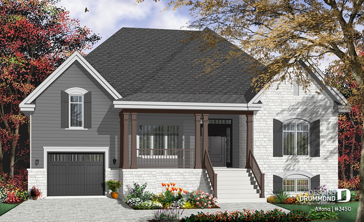 Version couleur no. 3 - Vue avant - Plan de Bungalow confortable, vestibule, foyer, cuisine ouverte sur salon, 2 chambres, garage avec espace boni - Altona
