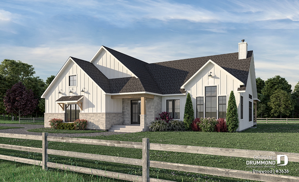 Vue avant - MODÈLE DE BASE - Grand plain-pied avec 3 chambres, bureau, garage, vestiaire, garde-manger, plafond cathédral, foyer - Pinewood