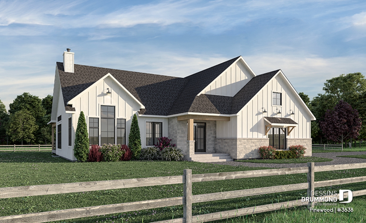 Vue avant - MODÈLE DE BASE - Grand plain-pied avec 3 chambres, bureau, garage, vestiaire, garde-manger, plafond cathédral, foyer - Pinewood