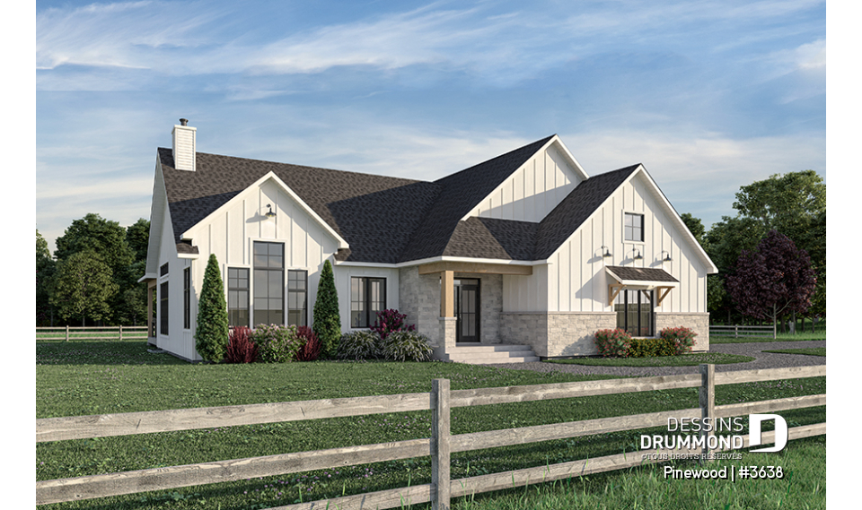 Vue avant - MODÈLE DE BASE - Grand plain-pied avec 3 chambres, bureau, garage, vestiaire, garde-manger, plafond cathédral, foyer - Pinewood