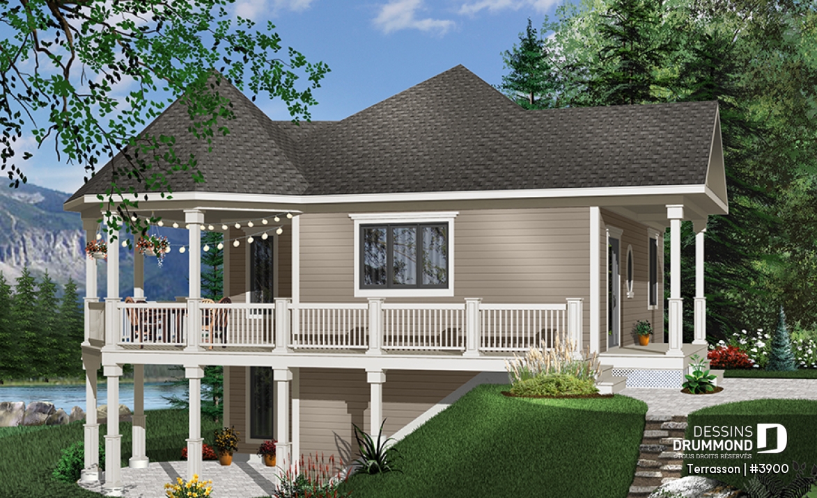 Vue avant - MODÈLE DE BASE - Plan de chalet économique, possibilité jusqu'à 3 chambres (sous-sol en rez-de-jardin), grande terrasse abritée - Terrasson