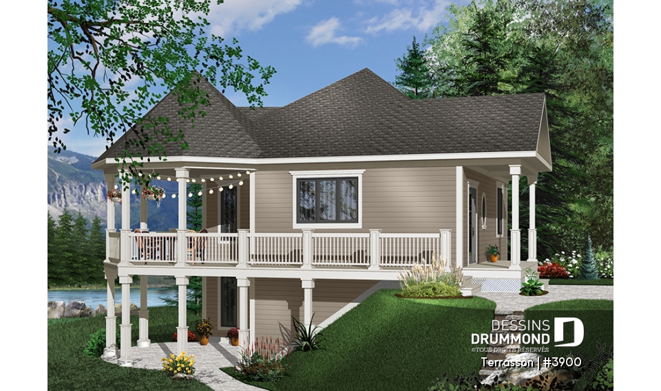 Vue avant - MODÈLE DE BASE - Plan de chalet économique, possibilité jusqu'à 3 chambres (sous-sol en rez-de-jardin), grande terrasse abritée - Terrasson