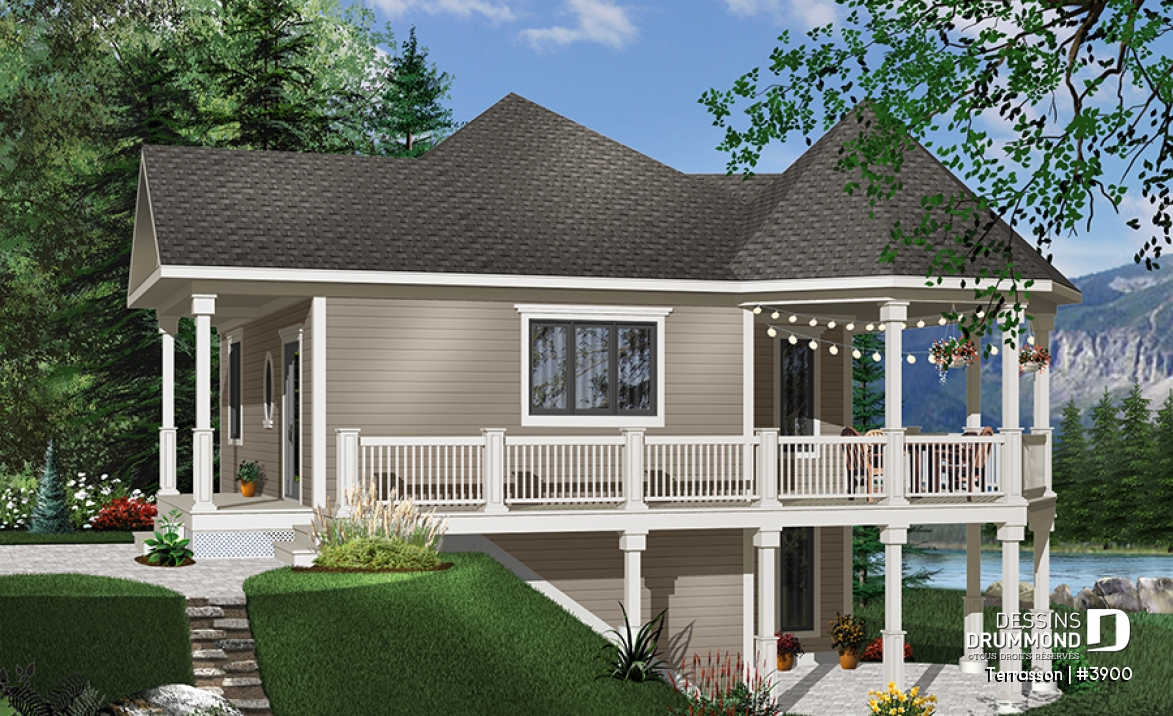 Vue avant - MODÈLE DE BASE - Plan de chalet économique, possibilité jusqu'à 3 chambres (sous-sol en rez-de-jardin), grande terrasse abritée - Terrasson