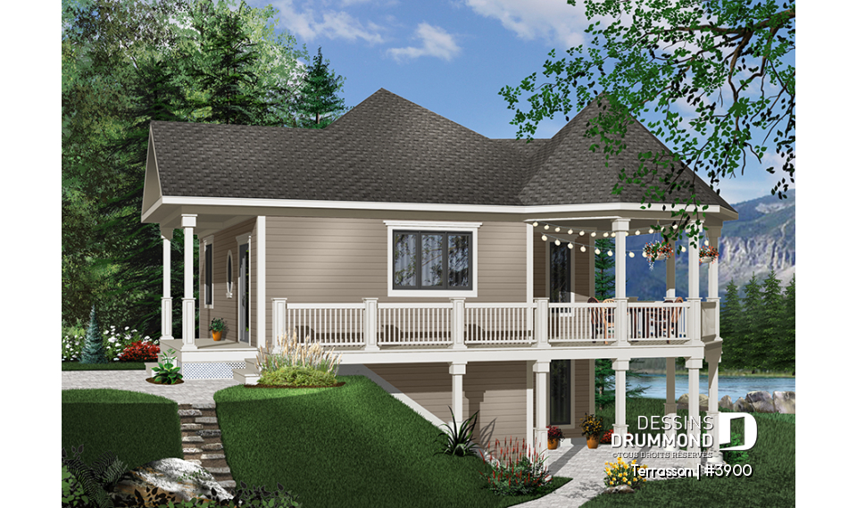 Vue avant - MODÈLE DE BASE - Plan de chalet économique, possibilité jusqu'à 3 chambres (sous-sol en rez-de-jardin), grande terrasse abritée - Terrasson