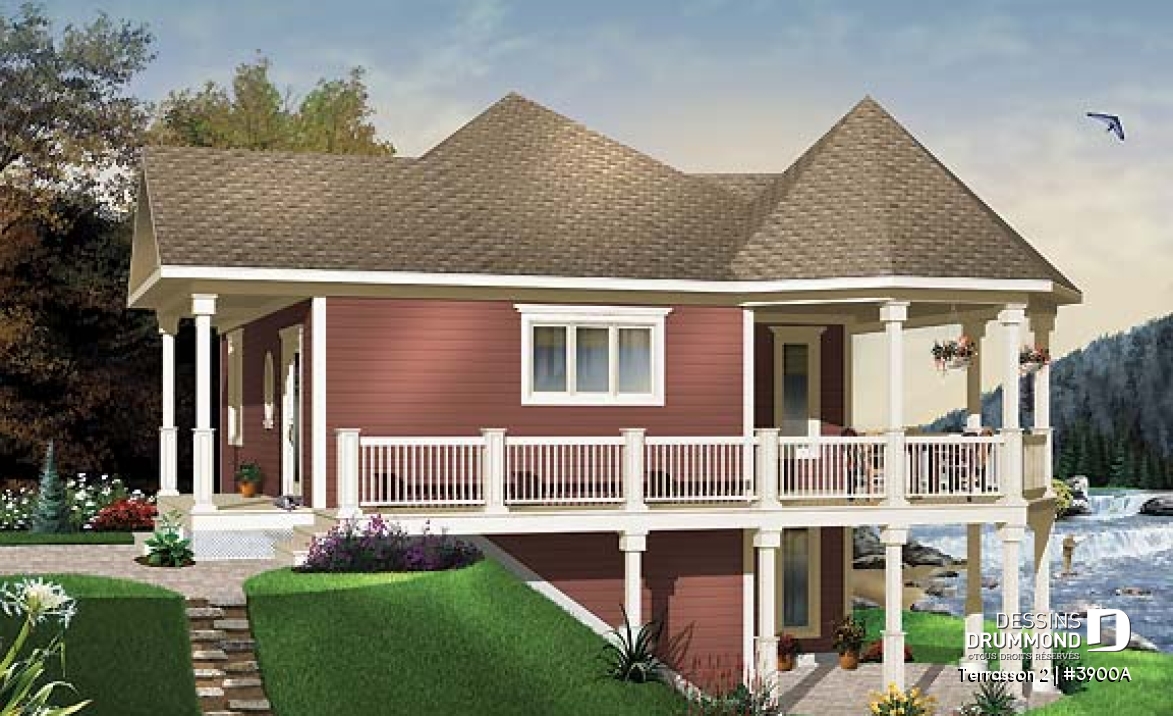 Vue avant - MODÈLE DE BASE - Plan de chalet budgétaire, fenêtrage abondant, cuisine fonctionnelle avec îlot, espace ouvert - Terrasson 2