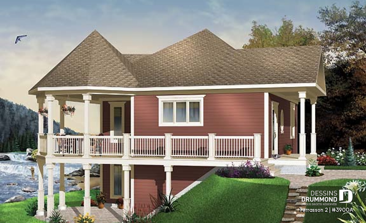 Vue avant - MODÈLE DE BASE - Plan de chalet budgétaire, fenêtrage abondant, cuisine fonctionnelle avec îlot, espace ouvert - Terrasson 2