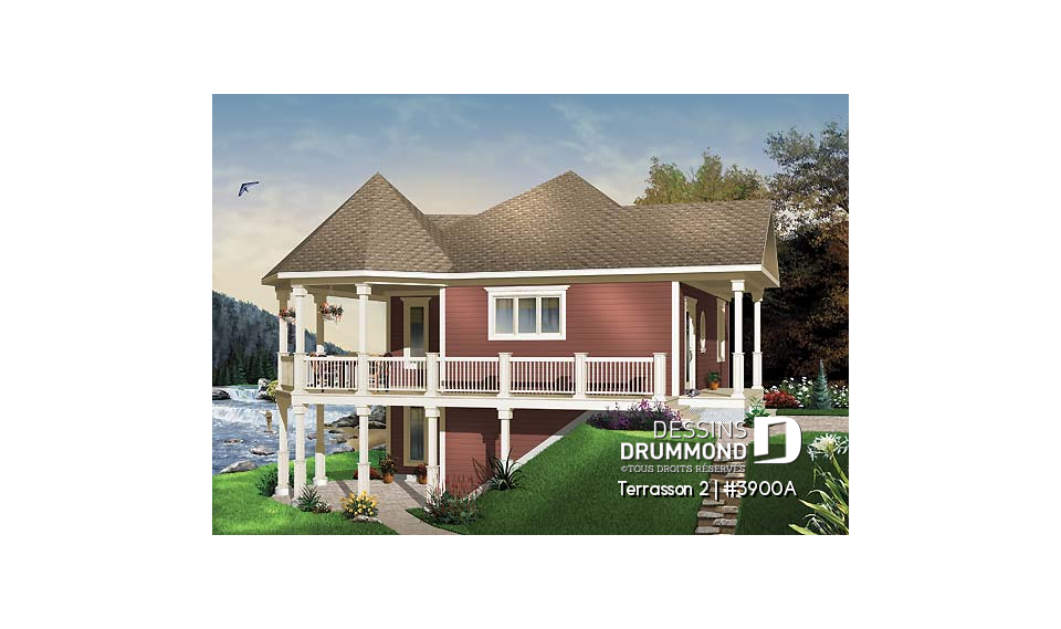 Vue avant - MODÈLE DE BASE - Plan de chalet budgétaire, fenêtrage abondant, cuisine fonctionnelle avec îlot, espace ouvert - Terrasson 2