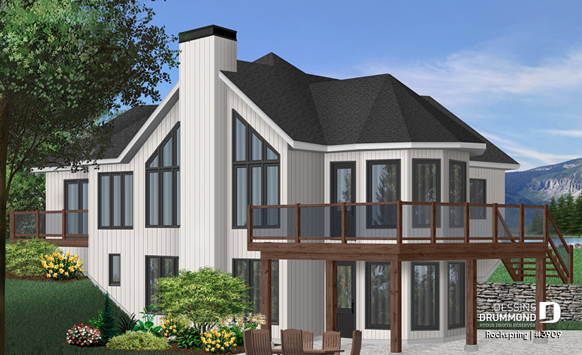 Vue arrière - MODÈLE DE BASE - Plan de chalet, suite des maîtres avec balcon, séjour ouvert sur la cuisine, foyer, sous-sol non-fini - Rockspring