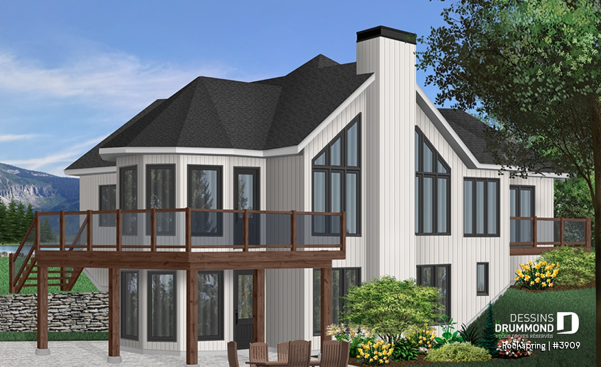 Vue arrière - MODÈLE DE BASE - Plan de chalet, suite des maîtres avec balcon, séjour ouvert sur la cuisine, foyer, sous-sol non-fini - Rockspring