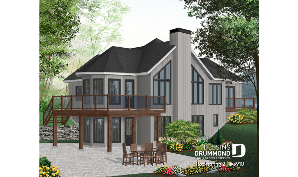 Vue arrière - MODÈLE DE BASE - Plan de maison genre chalet avec garage, 2 terrasses, 2 chambres, sous-sol en rez-de-jardin - Rockspring 2