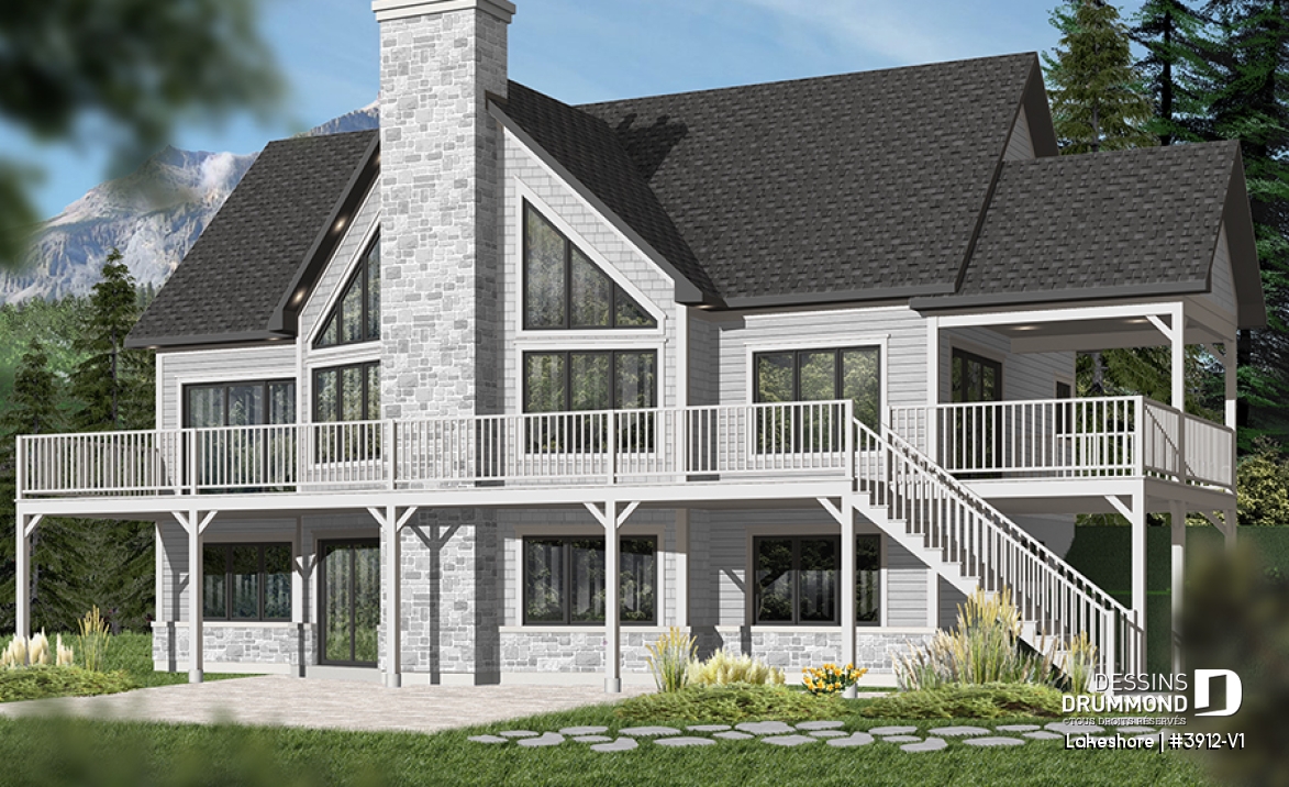 Version couleur no. 1 - Vue arrière - Plan de chalet 5 chambres en rez-de-jardin, chambre principale au rez-de-chaussée, 2 foyers, terrasse couverte - Lakeshore