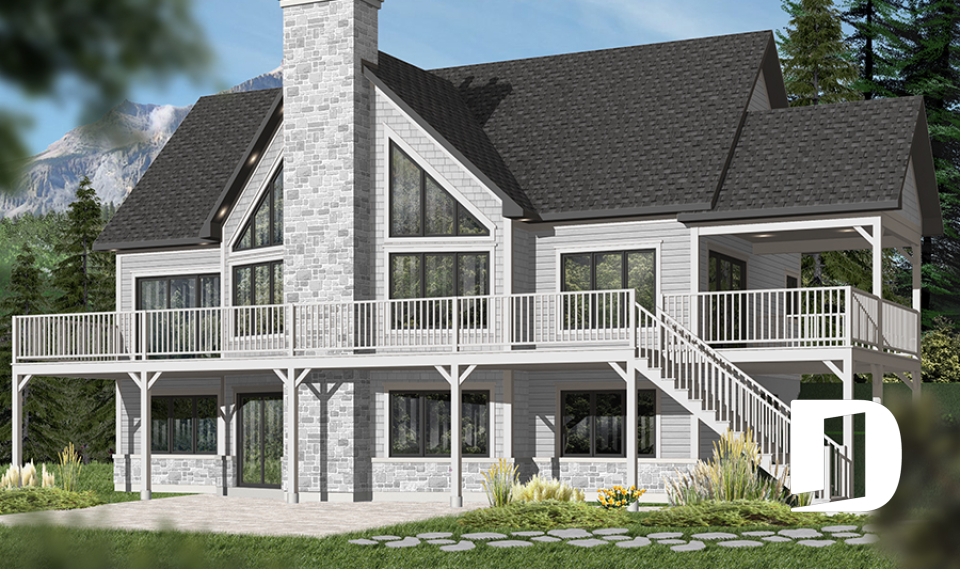 Version couleur no. 1 - Vue arrière - Chalet bord de l'eau, 5 chambres, plafonds 9 pieds, aire ouverte, terrasse couverte et sous-sol rez-de-jardin - Lakeshore