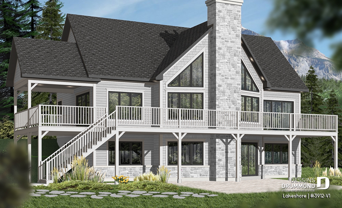 Version couleur no. 1 - Vue arrière - Plan de chalet 5 chambres en rez-de-jardin, chambre principale au rez-de-chaussée, 2 foyers, terrasse couverte - Lakeshore