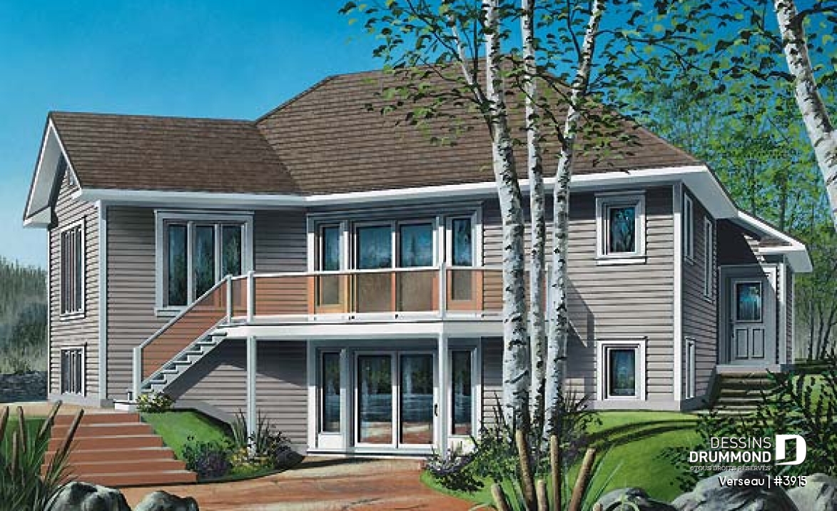 Vue arrière - MODÈLE DE BASE - Bungalow style chalet, grande galerie, foyer au gaz, fenestration abondante, un seule chambre au rdc.  - Verseau
