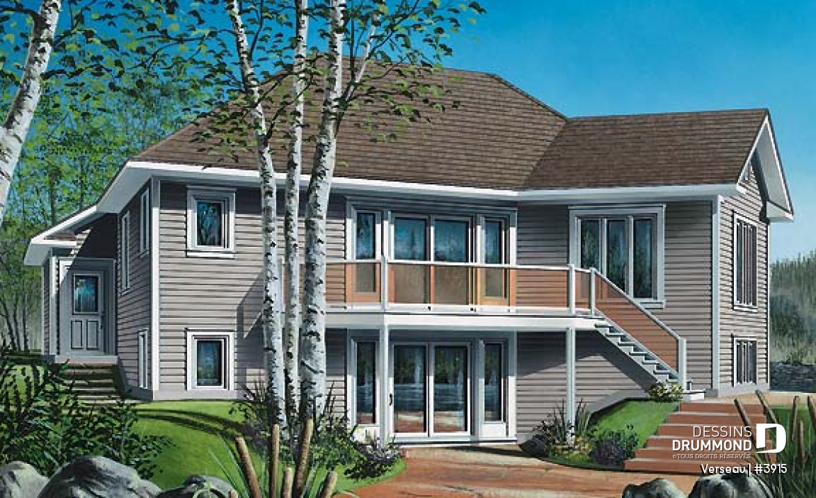 Vue arrière - MODÈLE DE BASE - Bungalow style chalet, grande galerie, foyer au gaz, fenestration abondante, un seule chambre au rdc.  - Verseau