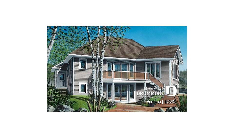 Vue arrière - MODÈLE DE BASE - Bungalow style chalet, grande galerie, foyer au gaz, fenestration abondante, un seule chambre au rdc.  - Verseau