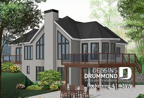 Version couleur no. 1 - Vue arrière - Plan de maison avec fondation en rez-de-jardin, 2 à 4 chambres, foyer, plafond cathédral - Rockspring 4