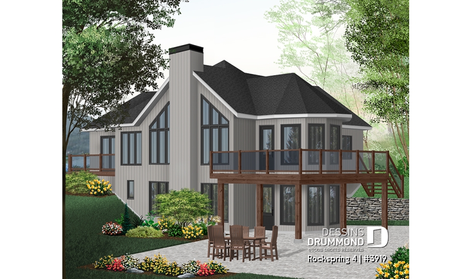 Version couleur no. 1 - Vue arrière - Plan de maison avec fondation en rez-de-jardin, 2 à 4 chambres, foyer, plafond cathédral - Rockspring 4