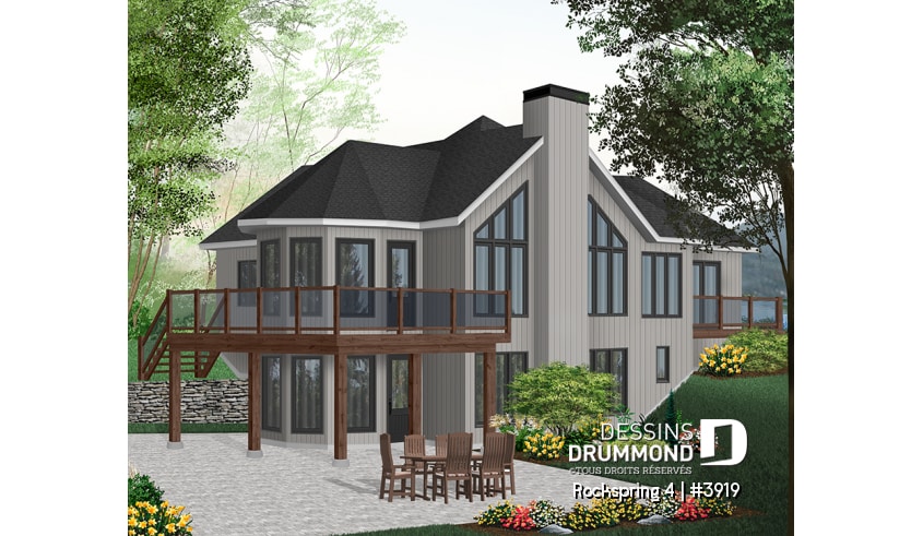 Version couleur no. 1 - Vue arrière - Plan de maison avec fondation en rez-de-jardin, 2 à 4 chambres, foyer, plafond cathédral - Rockspring 4