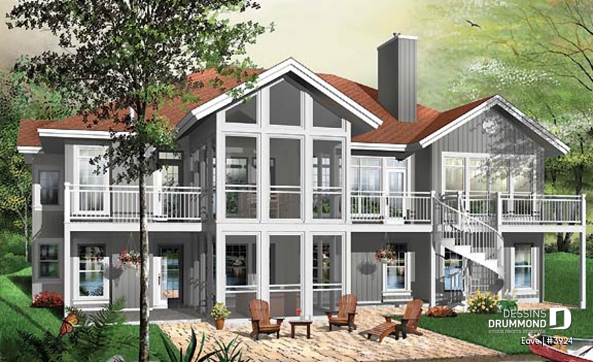 Vue arrière - MODÈLE DE BASE - Plan de chalet avec bachelor au sous-sol (invités ou location) total 5 chambres 4 s.bain, 3 foyers - Eave