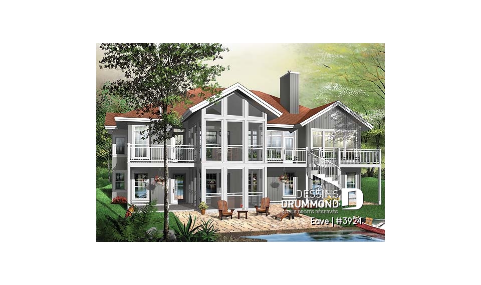 Vue arrière - MODÈLE DE BASE - Plan de chalet avec bachelor au sous-sol (invités ou location) total 5 chambres 4 s.bain, 3 foyers - Eave